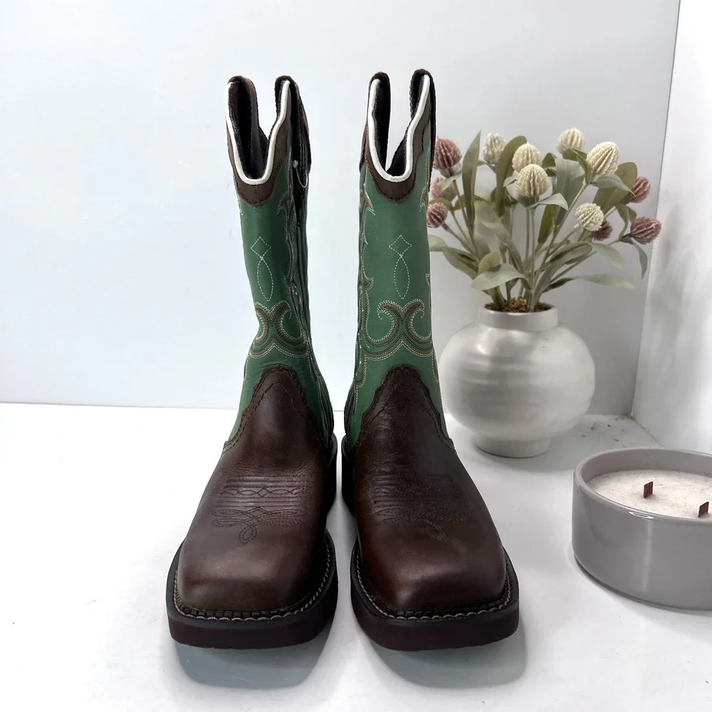 Justin Raya Western Distressed Square Toe Cowgirl Boot Brown Green Women 7B NWD